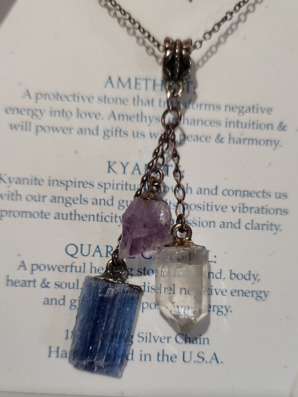 18" Sterling Silver Chain with Quartz, Amethyst, and Kyanite Pendants
